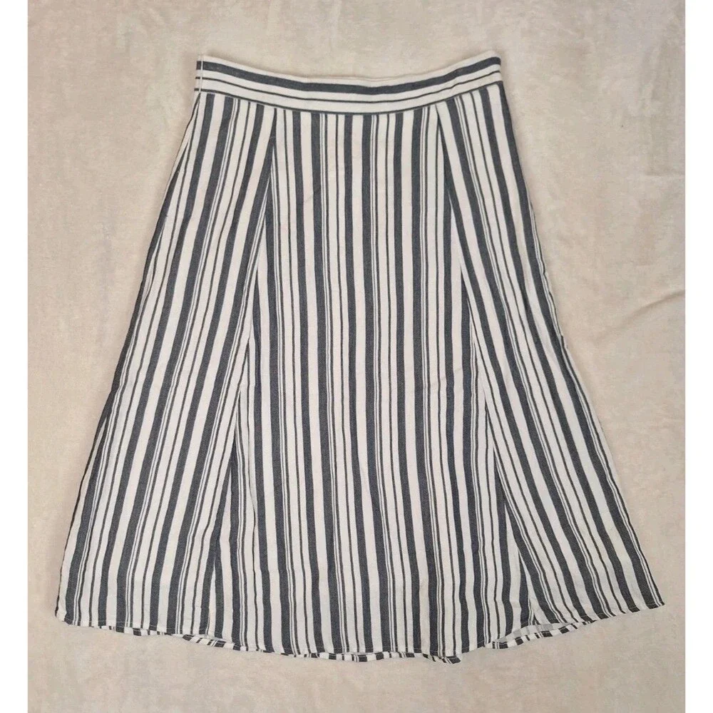 Loft Maxi Skirt Womens 6 White Blue Striped Cotton Blend Minimalist A-Line Lined